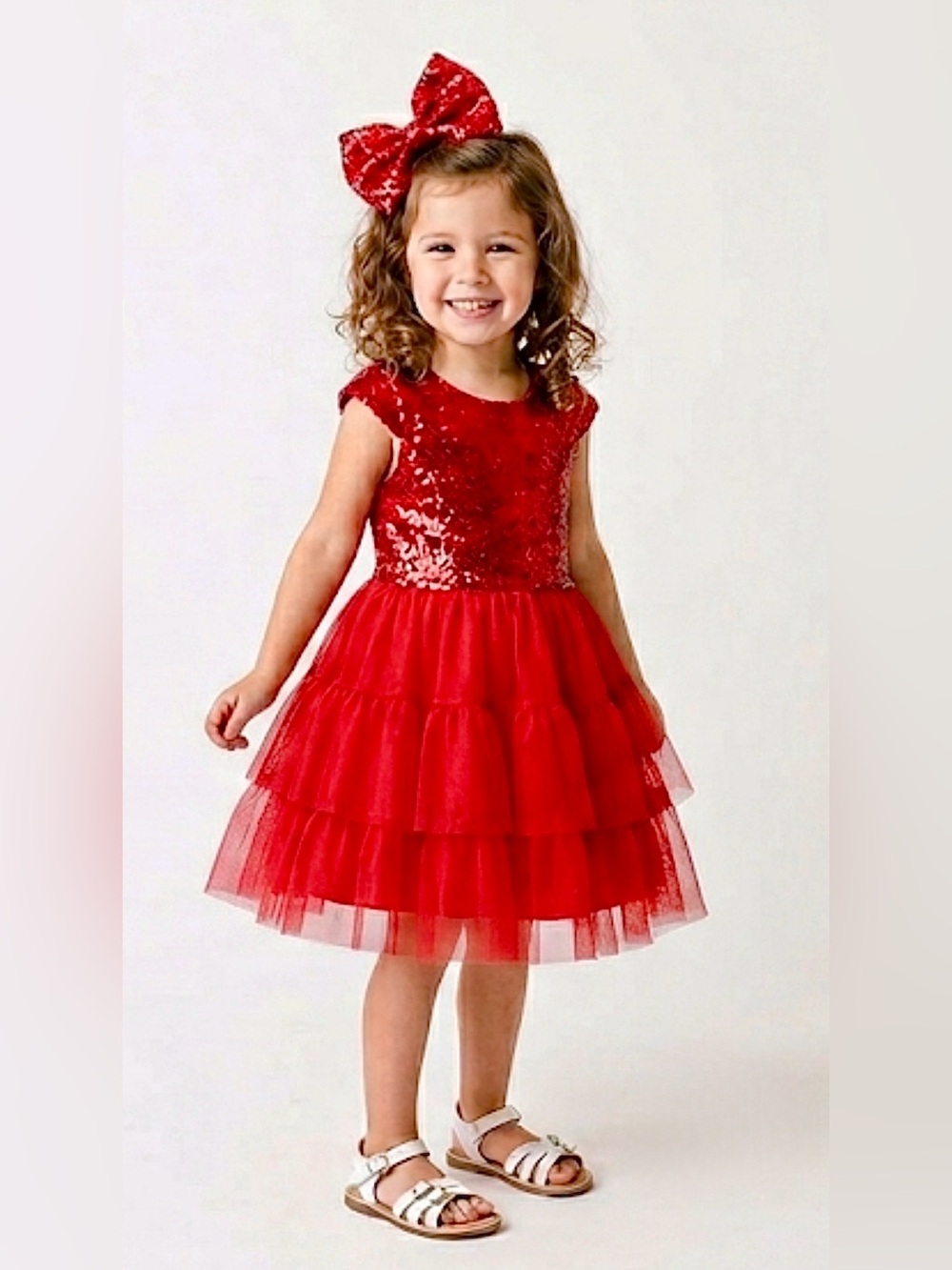 PRECIOUS LITTLE GIRL’S RED DRESS W/ SEQUINED BODICE & LINED NETTING BOTTOM.